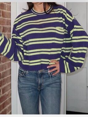 American Vintage Purple and Lime Striped Crewneck Sweater